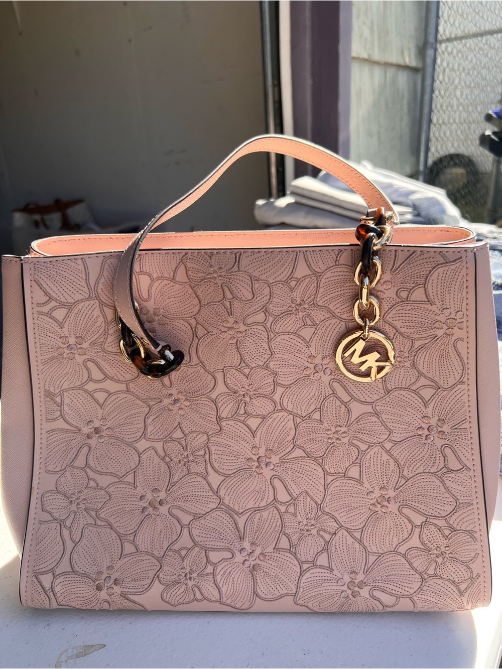 Michael Kors Blush Pink Floral Embossed Leather Tote with Gold Charm
